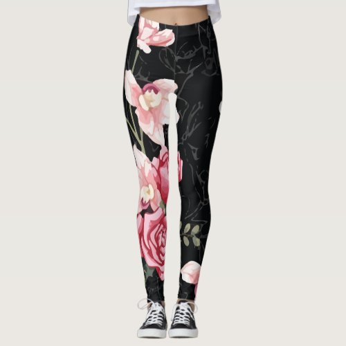 Pattern Pink Orchid Rose Flowers Abstract Backgrou Leggings