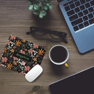 Pattern pink watercolor botanical black mouse pad