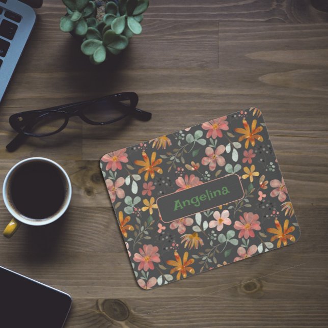 Pattern  pink watercolor botanical gray mouse pad (Creator Uploaded)