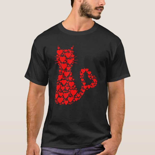 Pattern Red Hearts Cat Lovers Valentine's Day T-Shirt (Front)