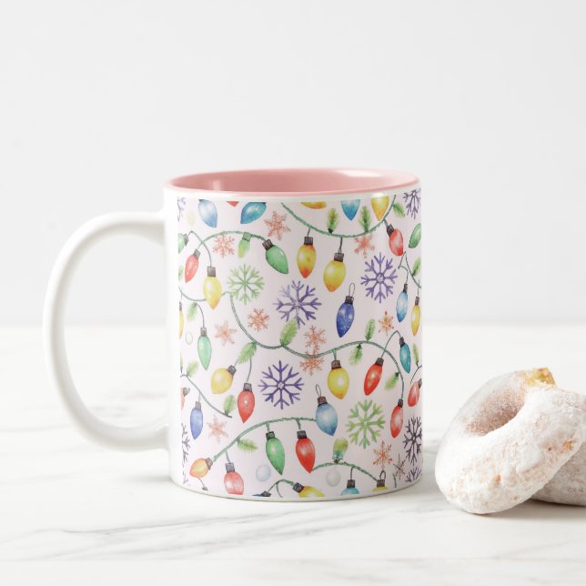 Pattern Retro Christmas Lights Two-Tone Coffee Mug (With Donut)