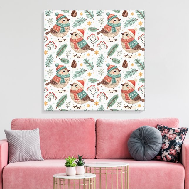 Pattern Scandinavian Christmas Birds Canvas Print (Insitu(LivingRoom))