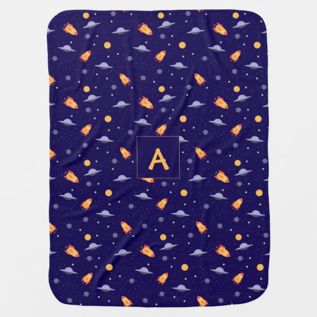 Pattern space blue yellow name Baby Blanket (Front)