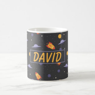 Pattern space orange black name coffee mug
