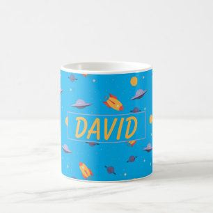 Pattern space orange turquoise name coffee mug