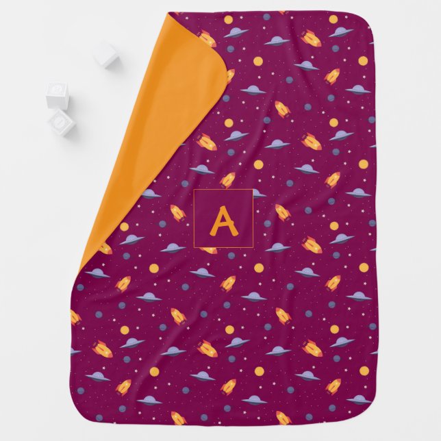 Pattern space yellow burgundy name Baby Blanket (In Situ)