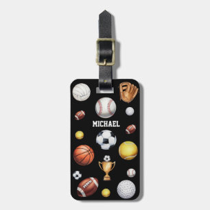 pattern sports themed soccer tennis baseball luggage tag