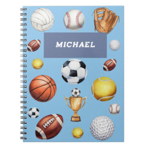 pattern sports themed soccer tennis baseball notebook