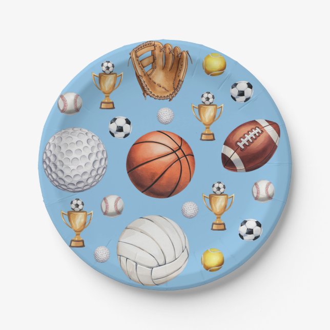 pattern sports themed soccer tennis baseball       paper plates (Front)