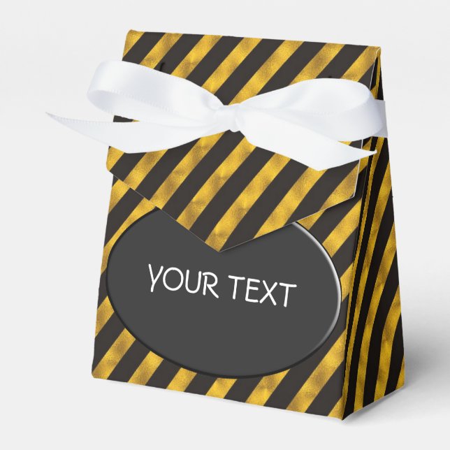 Pattern - stripes gold - black button + your text favor boxes (Front Side)