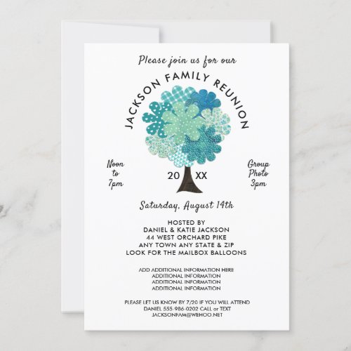 Pattern Tree Family Reunion Blue Green Invitation