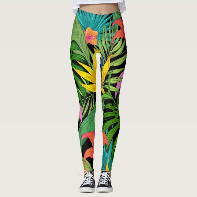 Pattern Tropical Flowers Leaves Leggings (Front)
