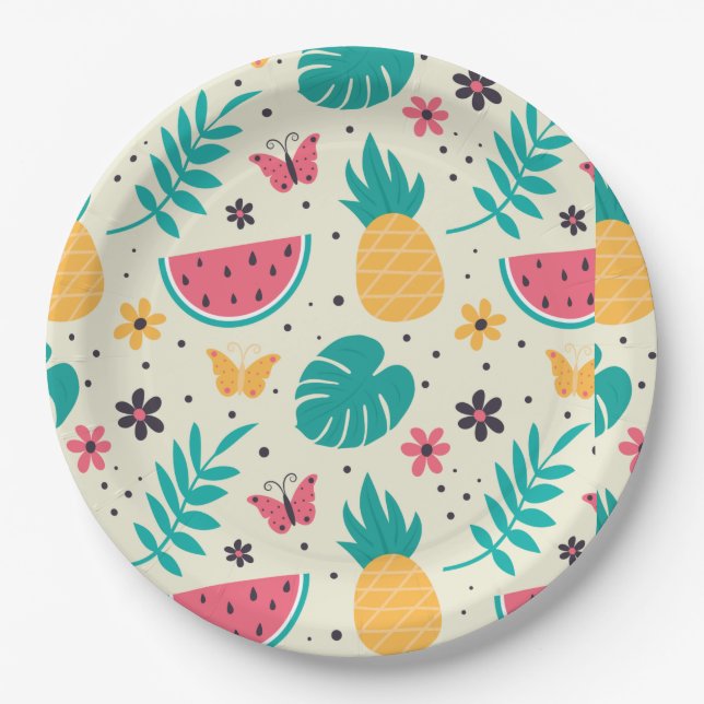 Pattern Tropical Fruit Watermelon Pineapple  Paper Plates (Front)