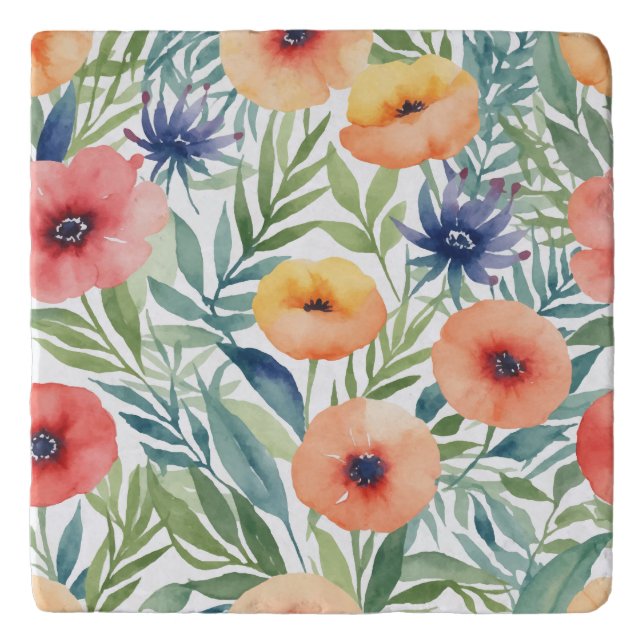 Pattern watercolor flowers trivet (Front)