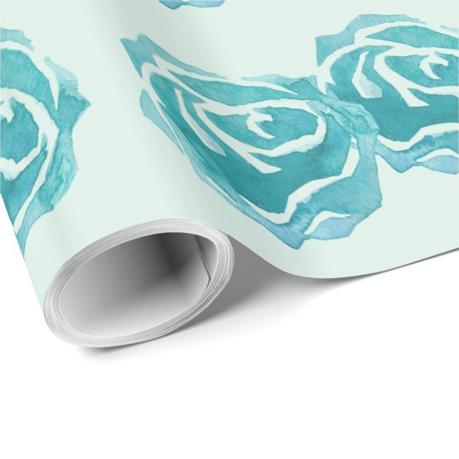 Pattern with 3 Large Teal Watercolor Roses Wrapping Paper (Roll Corner)