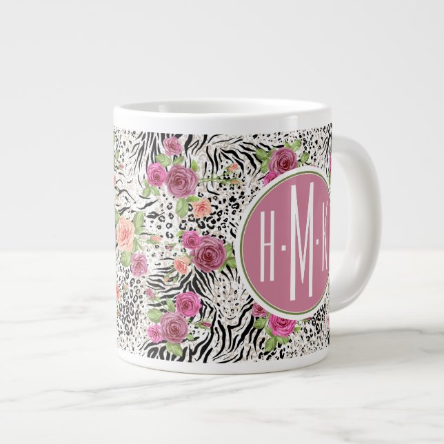 Pattern With Animal Prints | Monogram Large Coffee Mug (Front Right)