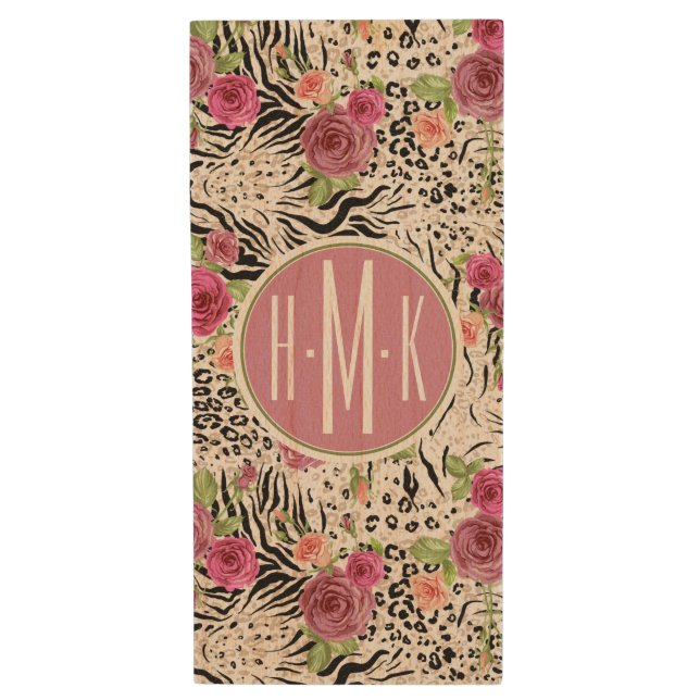 Pattern With Animal Prints | Monogram Wood USB Flash Drive (Front Vertical)