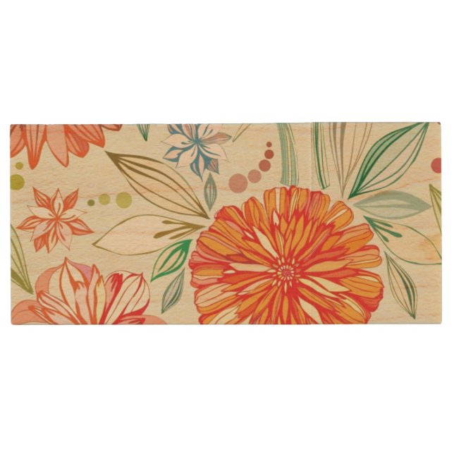 Pattern with asters wood flash drive (Front)