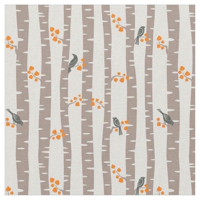 Pattern with autumn trees and birds fabric (Close Up)