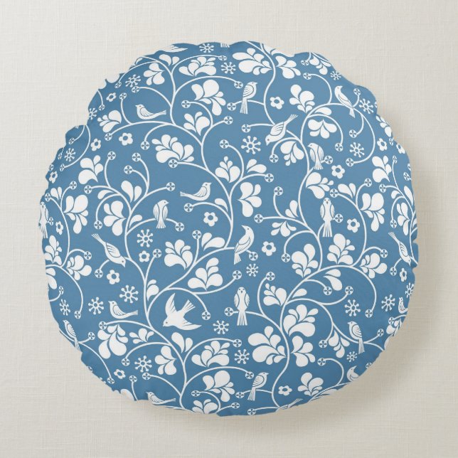 pattern with birds and plants ornament round pillow (Front)