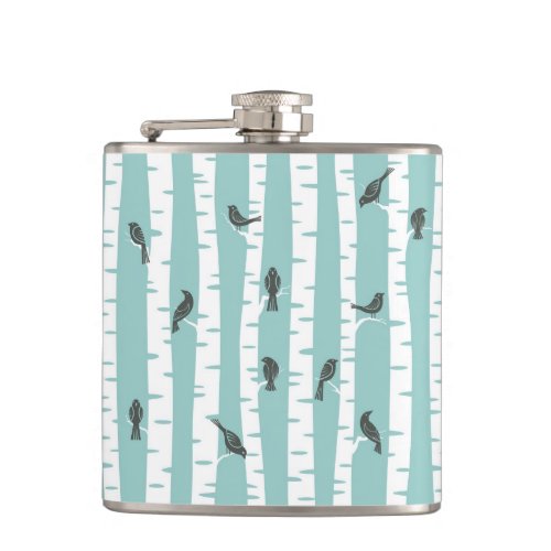 Pattern with birds and trees hip flask