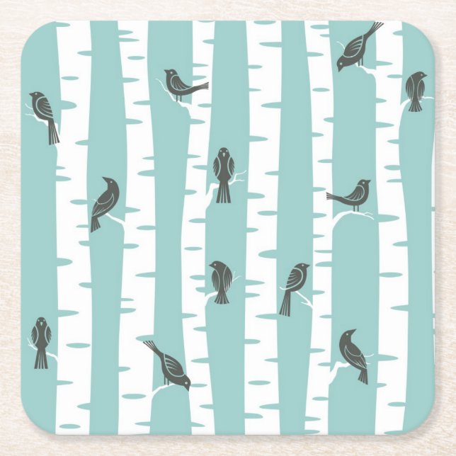Pattern with birds and trees square paper coaster (Front)