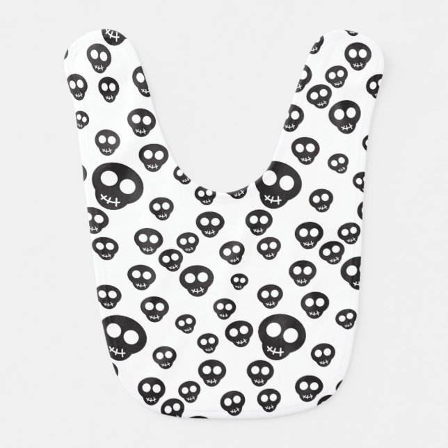Pattern with black skulls on white baby bib (Front)