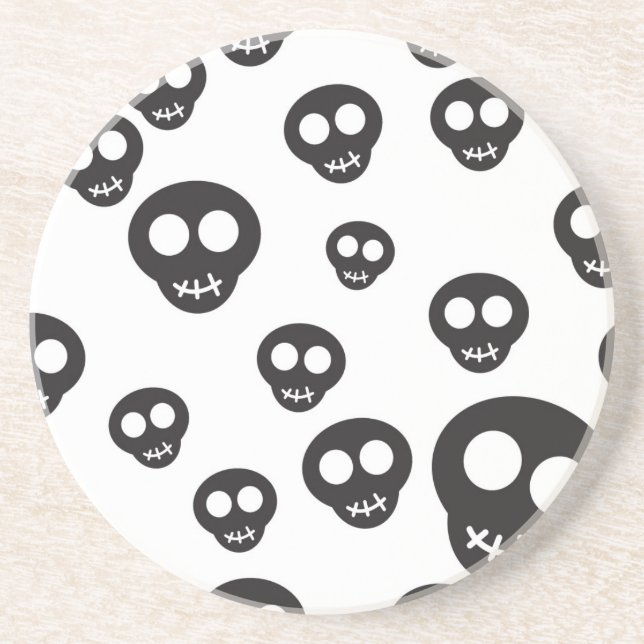 Pattern with black skulls on white drink coaster (Front)