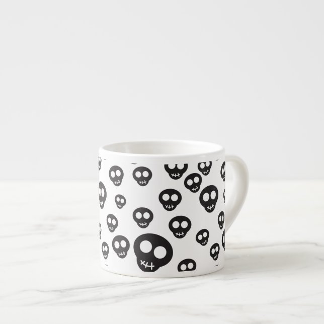 Pattern with black skulls on white espresso cup (Front Right)