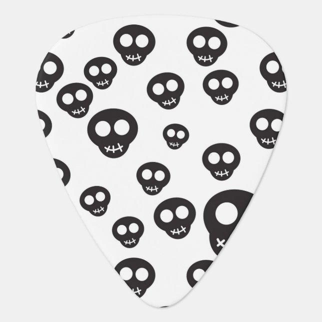 Pattern with black skulls on white guitar pick (Front)