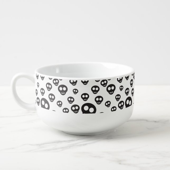 Pattern with black skulls on white soup mug (Right)