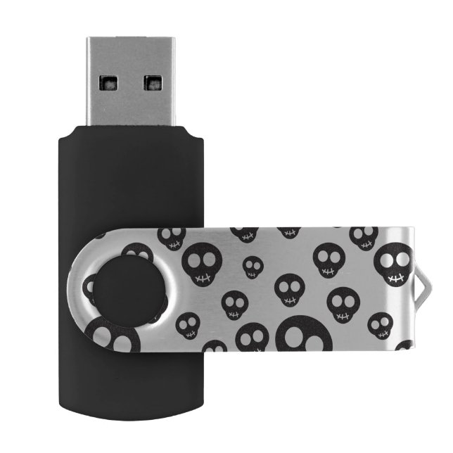 Pattern with black skulls on white USB flash drive (Opened)