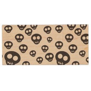 Pattern with black skulls on white wood USB flash drive
