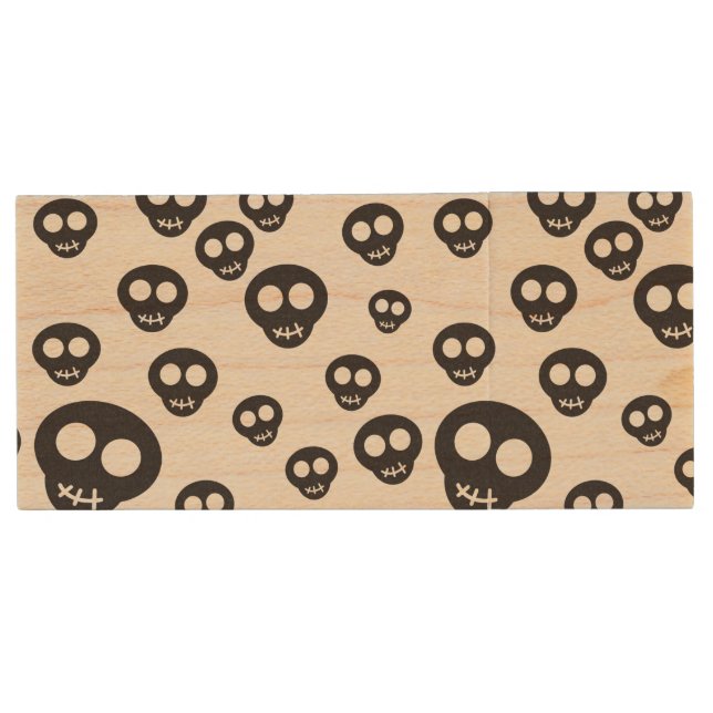 Pattern with black skulls on white wood USB flash drive (Front)