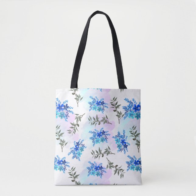 pattern with blue bouquet of flowers and leaves  tote bag (Front)