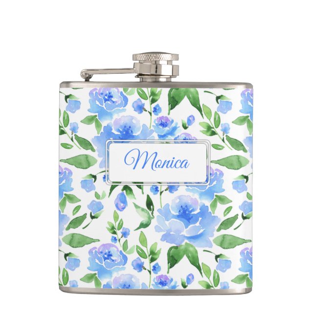 Pattern with blue watercolor flowers flask (Front)