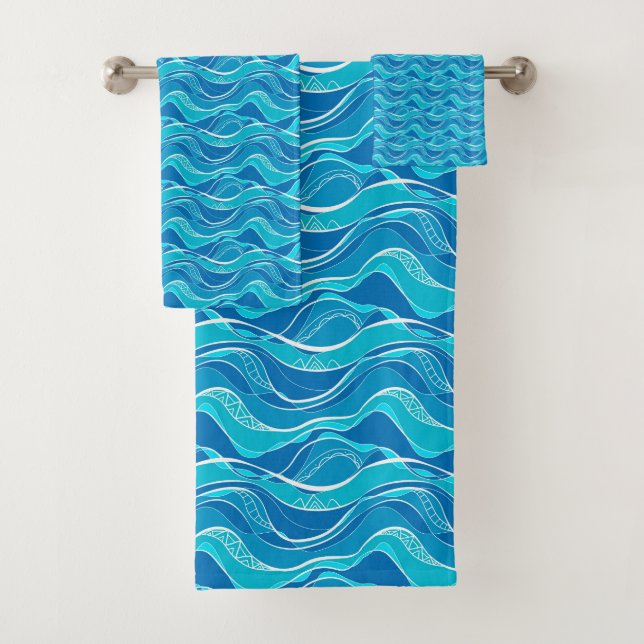 Pattern with blue waves with white tribal pattern  bath towel set (Insitu)