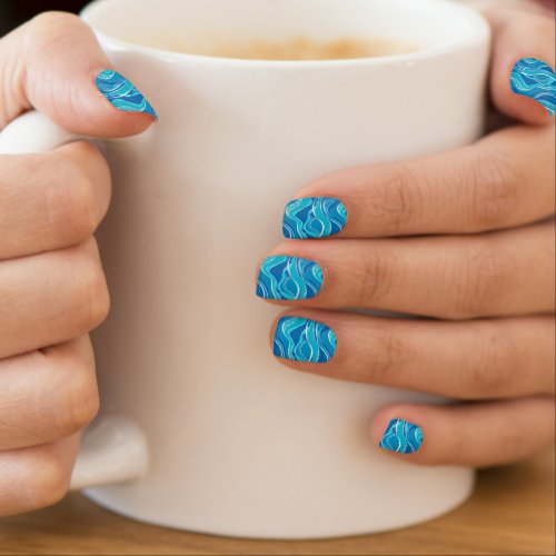 Pattern with blue waves with white tribal pattern  minx nail art