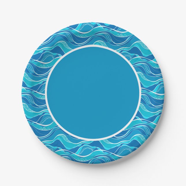 Pattern with blue waves with white tribal pattern  paper plates (Front)