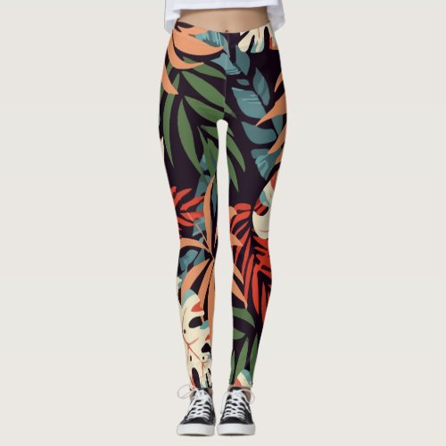 Pattern With Bright Pink Yellow Plants Leaves Leggings