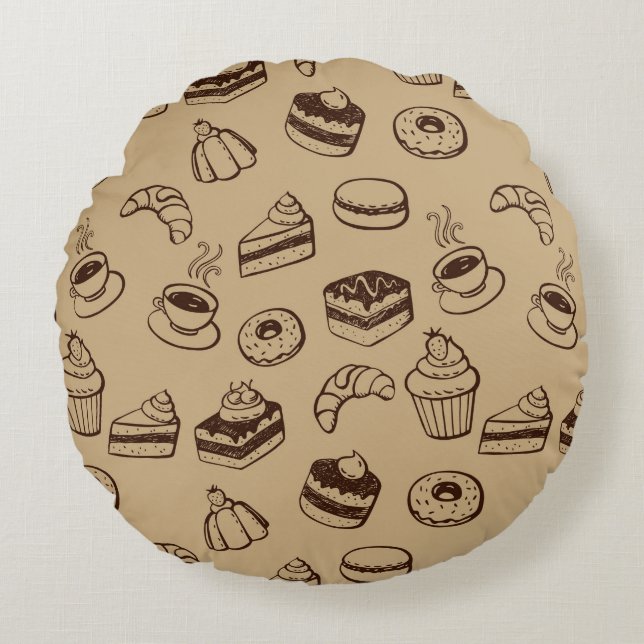 Pattern With Cakes, Desserts And Bakery Round Pillow (Front)