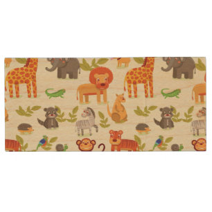 Pattern With Cartoon Animals Wood USB Flash Drive