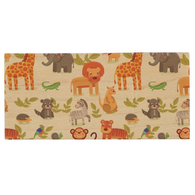 Pattern With Cartoon Animals Wood USB Flash Drive (Front)