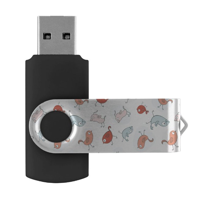 pattern with cartoon birds USB flash drive (Opened)