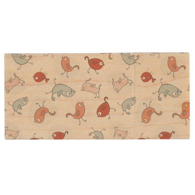 pattern with cartoon birds wood flash drive (Front)