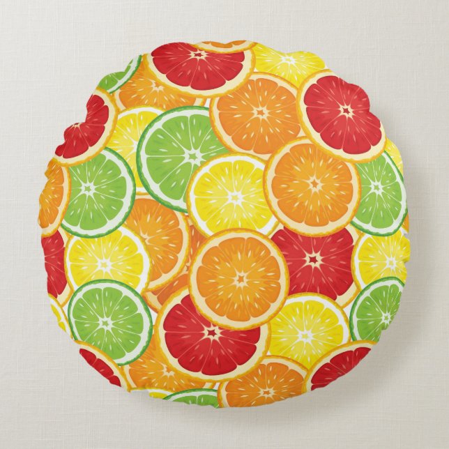 Pattern with citrus fruits round pillow (Front)