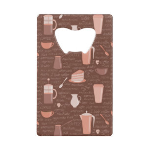 Pattern with coffee related elements credit card bottle opener