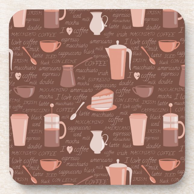 Pattern with coffee related elements drink coaster (Front)