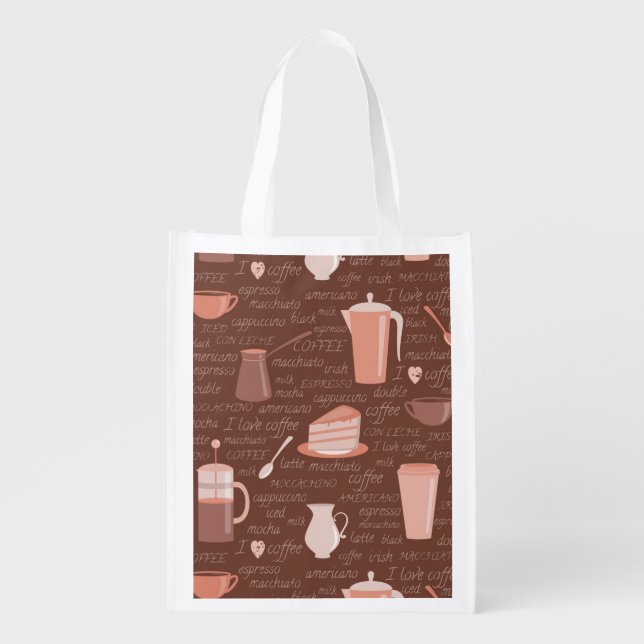 Pattern with coffee related elements grocery bag (Front)