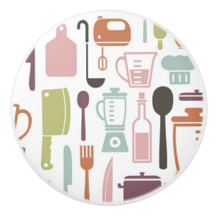 Pattern with colorful cooking icons ceramic knob